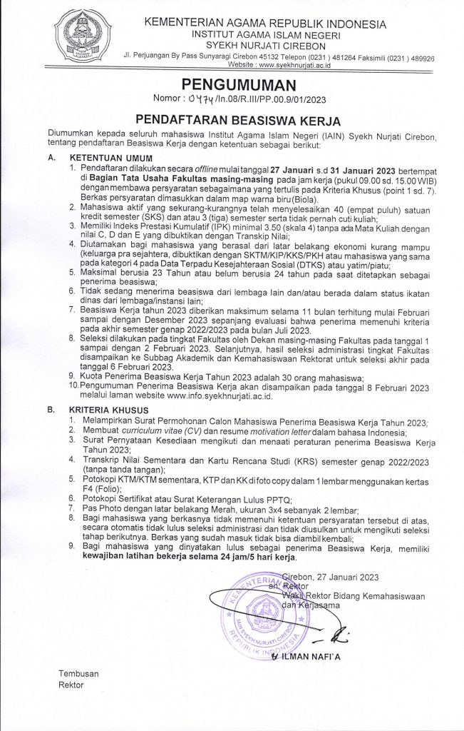 Pengumuman Pendaftaran Beasiswa Kerja IAIN Syekh Nurjati Cirebon Tahun 2023