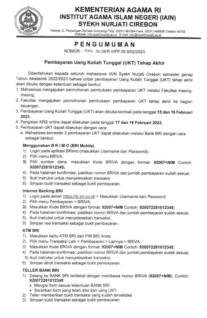 Pengumuman Pembayaran Uang Kuliah Tunggal (UKT) Semester Genap Tahun Akademik 2022-2023 Tahap Akhir