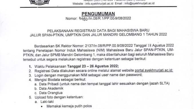 PENGUMUMAN REGRISTRASI DATA MAHASISWA BARU DAN SK PENETAPAN NIM MABA