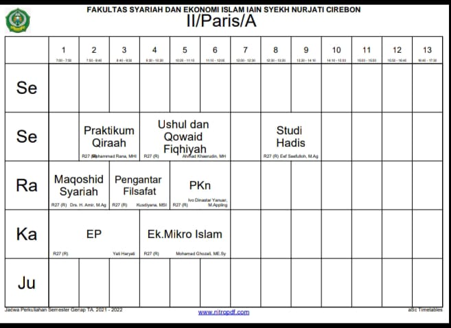 Jadwal Perkuliahan Semester Genap Jurusan Pariwisata Syariah T.A 2021//2022