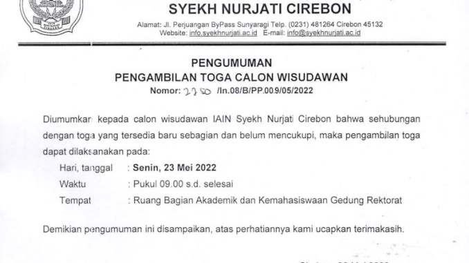 Pengumuman Pengambilan Toga Widuda ke XXIV IAIN Syekh Nurjati Cirebon Tahun 2022
