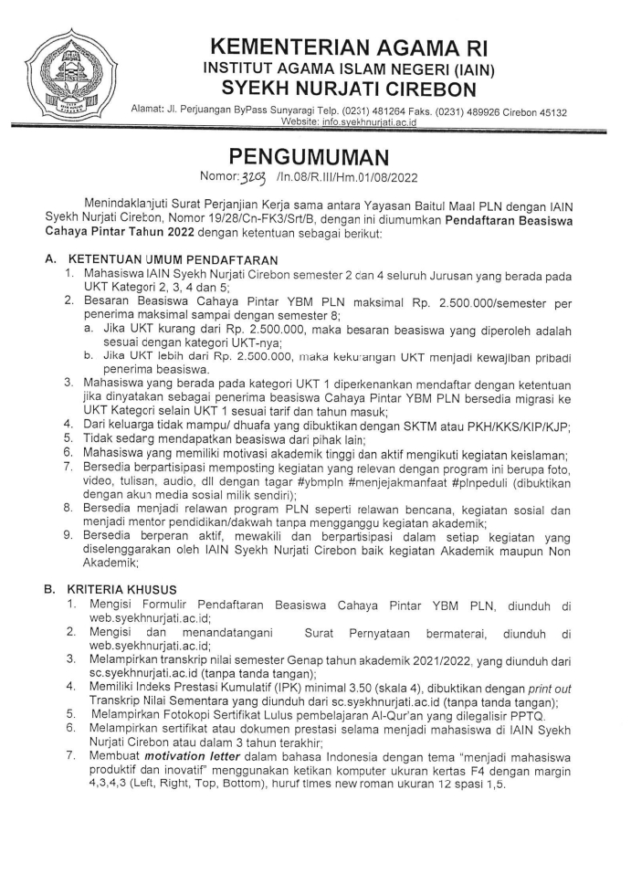 PENGUMUMAN PENDAFTARAN BEASISWA YAYASAN BAITUL MAAL PLN