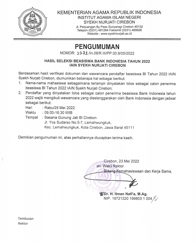 PENGUMUMAN HASIL SELEKSI BEASISWA BANK INDONESIA TAHUN 2022