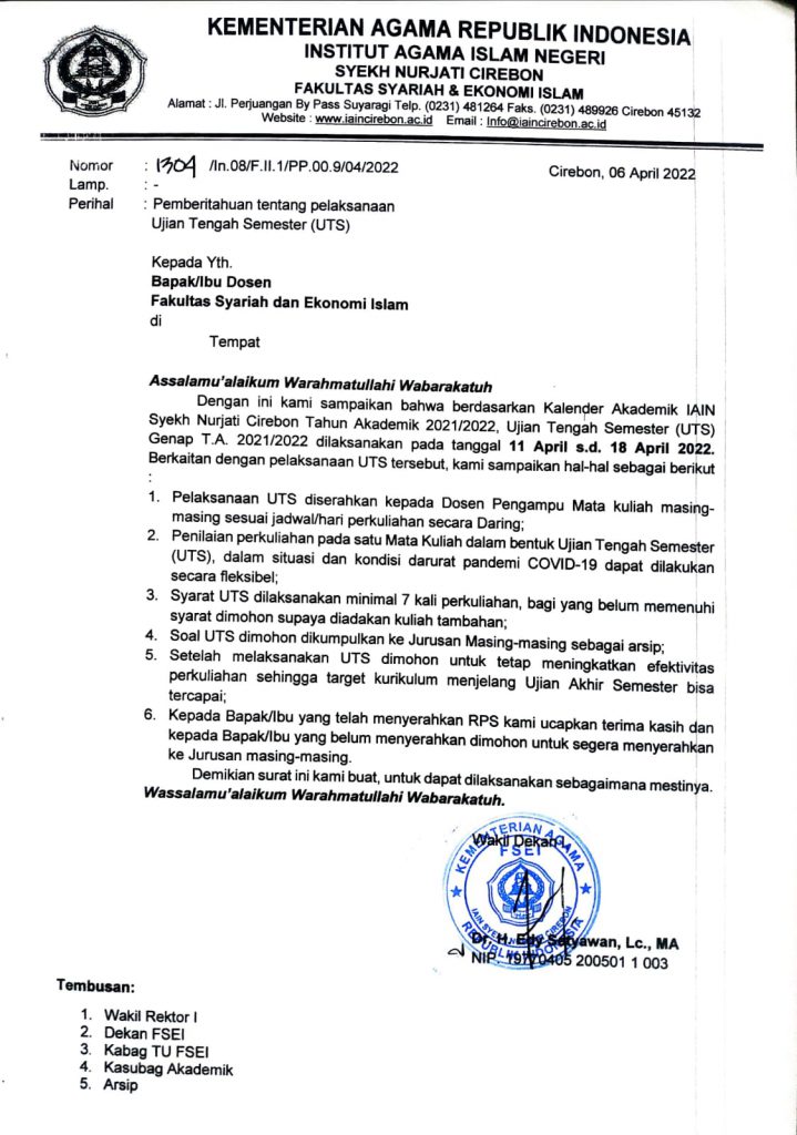 Surat Edaran Pelaksanaan UTS Semester Genap T.A 2021-2022