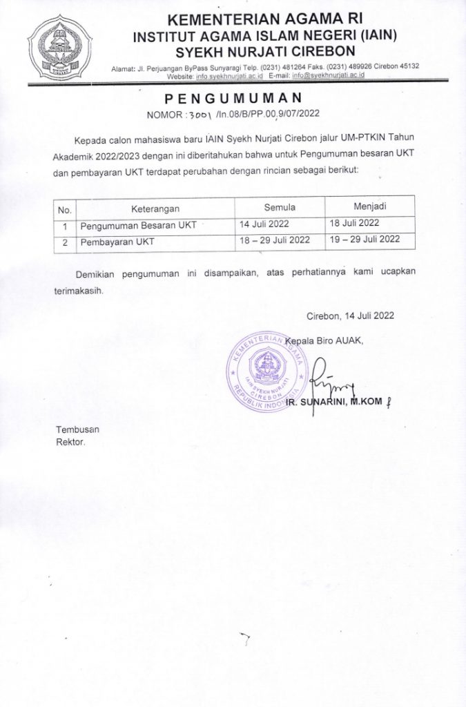 PERUBAHAN JADWAL PENGUMUMAN PENENTUAN UKT JALUR UMPTKIN TAHUN 2022