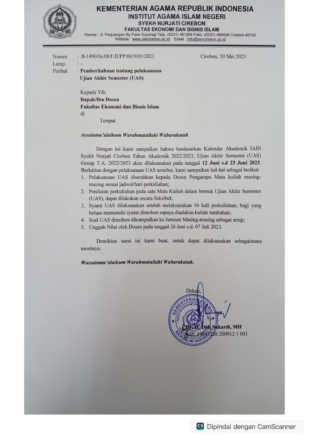 Pemberitahuan Pelaksanaan Ujian Akhir Semester (UAS) Genap  T.A 2022-2023