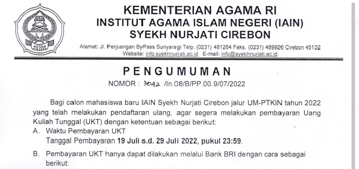 Pengumuman Pembayaran Uang Kuliah Tunggal (UKT) Jalur UM-PTKIN Tahun 2022