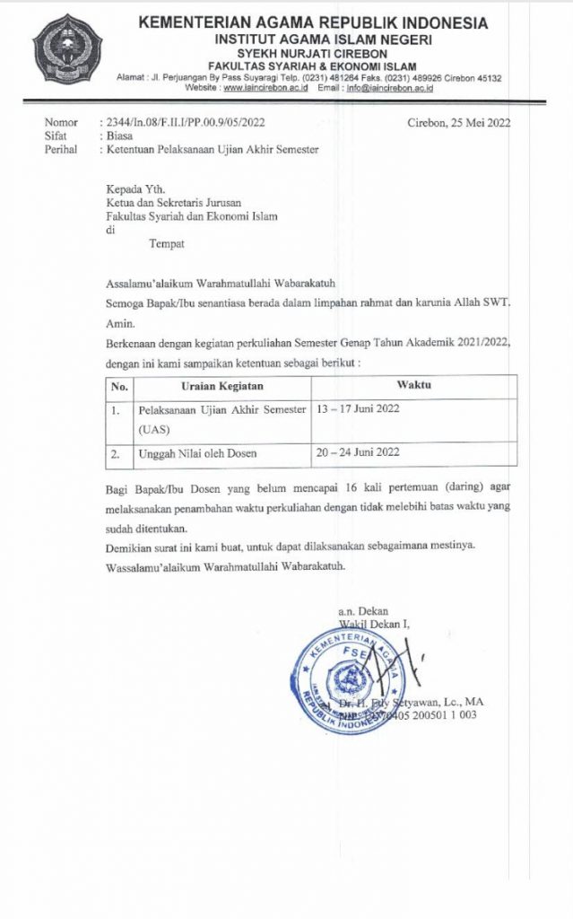 Pengumuman Pelaksanaan Ujian Akhir Semester (UAS) Genap T.A 2021-2022
