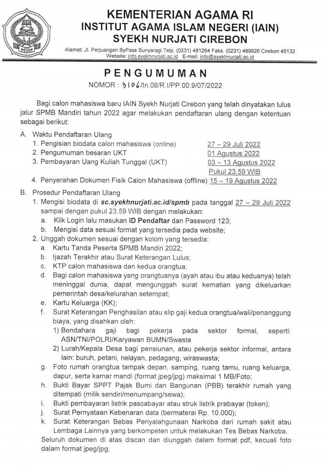 PENGUMUMAN HERREGISTRASI JALUR SPMB MANDIRI IAIN SYEKH NURJATI CIREBON TAHUN AKADEMIK 2022