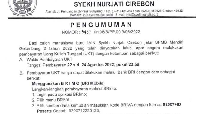 Pengumuman Pembayaran Uang Kuliah Tunggal (UKT) SPMB Jalur Mandiri Gelombang 2 IAIN Syekh Nurjati Cirebon Tahun Akademik 2022/2023