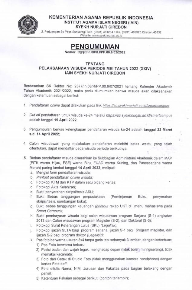 Pengumuman Pelaksanaan Wisuda Gelombang XXIV IAIN Syekh Nurjati Cirebon Periode Mei Tahun 2022