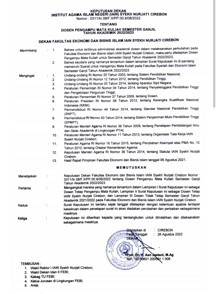 SK Mengajar Fakultas Ekonomi dan Bisnis Islam Semester Ganjil Tahun Akademik 2022/2023
