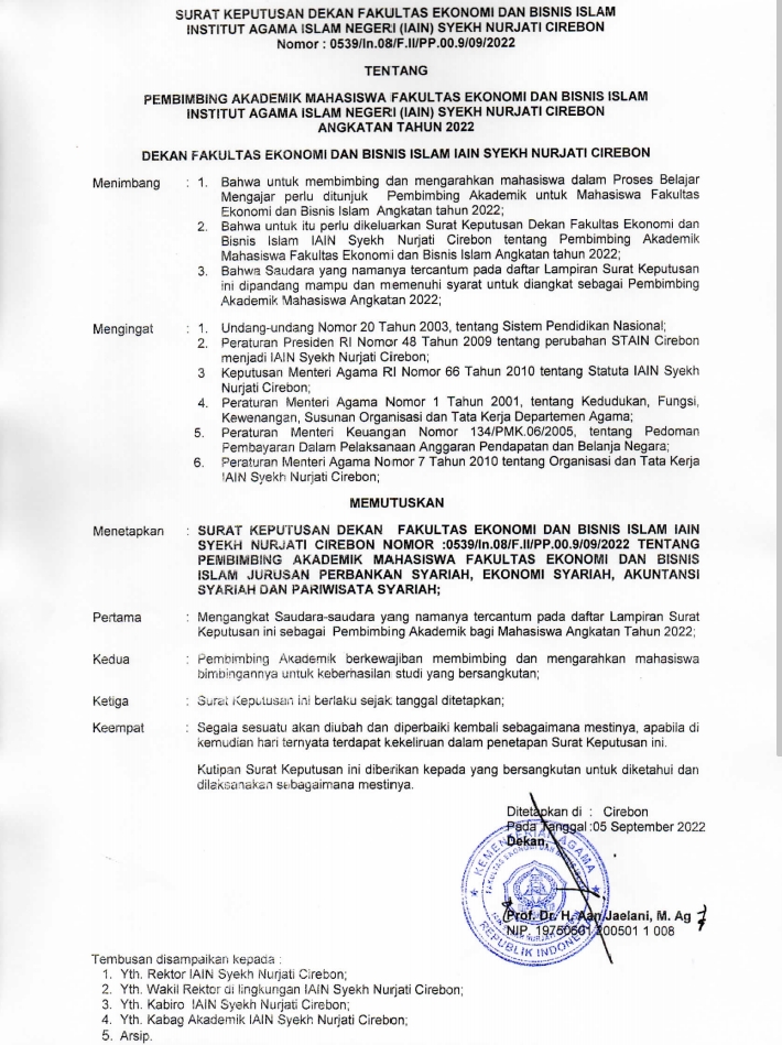 SK DOSEN PEMBIMBING AKADEMIK JURUSAN PARIWISATA SYARIAH TAHUN ANGKATAN 2022