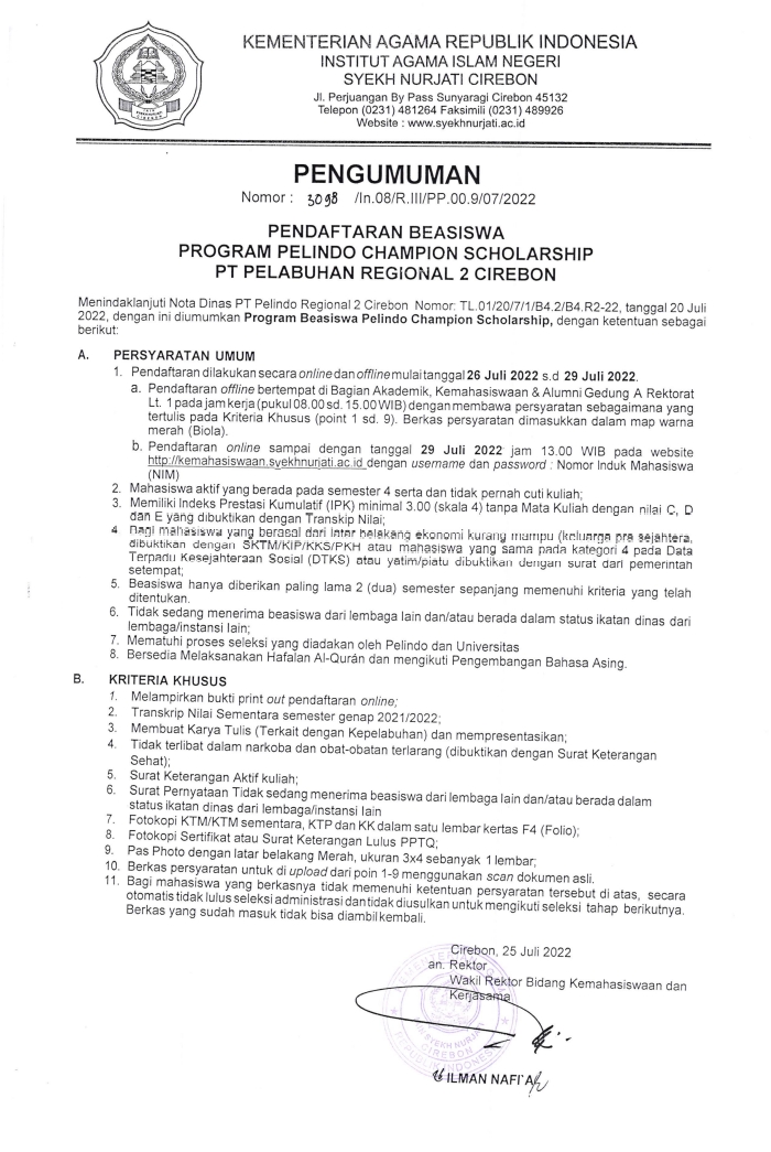 Pengumuman Beasiswa Program Pelindo Champion Scholarship PT Pelabuhan Regional 2 Cirebon