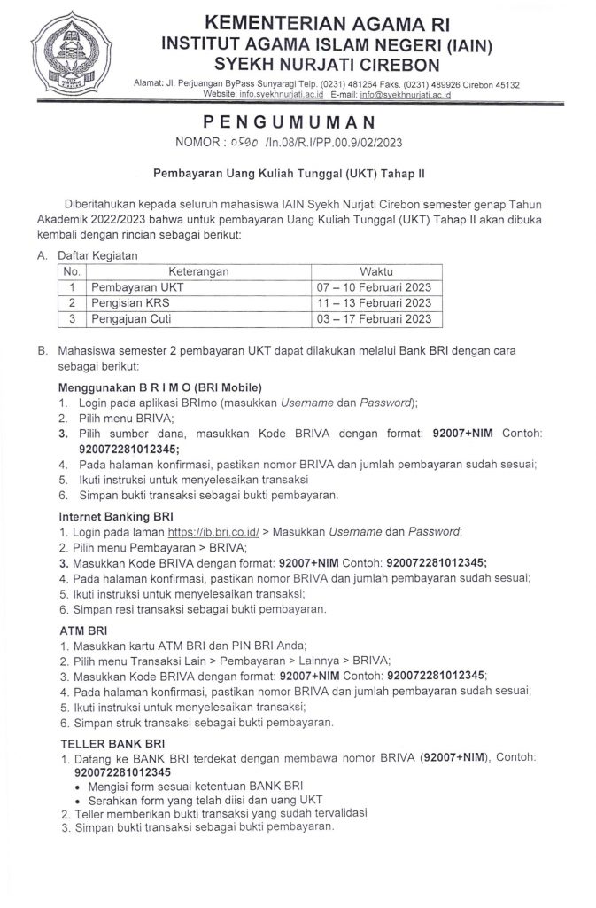 Pengumuman Pembayaran Uang Kuliah Tunggal (UKT) Semester Genap Tahun Akademik 2022-2023 Tahap II