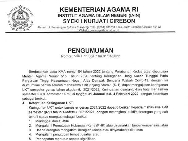Pengumuman Keringanan Pembayaran UKT Semester Genap Tahun 2022