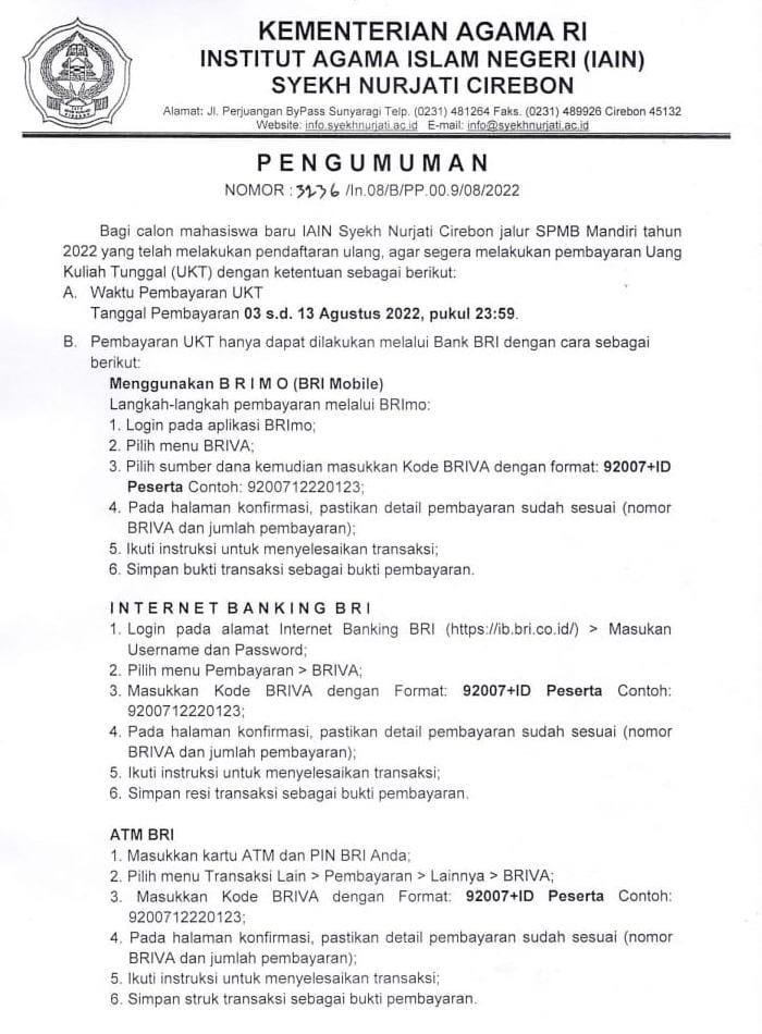 PENGUMUMAN CARA PEMBAYARAN UKT JALUR SPMB MANDIRI TAHUN 2022