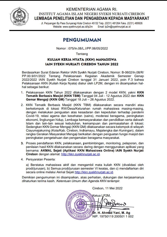Pengumuman Pelaksanaan Kuliah Kerja Nyata (KKN) Mahasiswa IAIN Syekh Nurjati Cirebon Tahun 2022