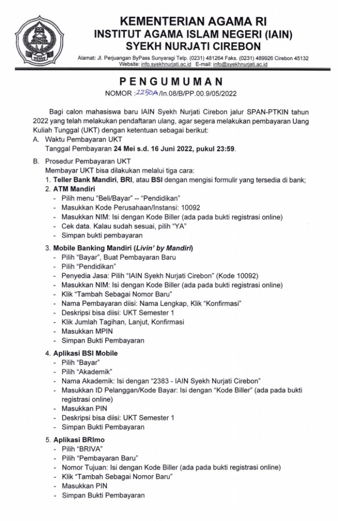Pengumuman Pembayaran UKT Jalur SPAN-PTKIN