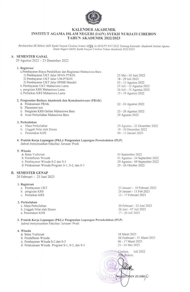 Kalender Akademik IAIN Syekh Nurjati Cirebon Tahun Akademik 2022/2023