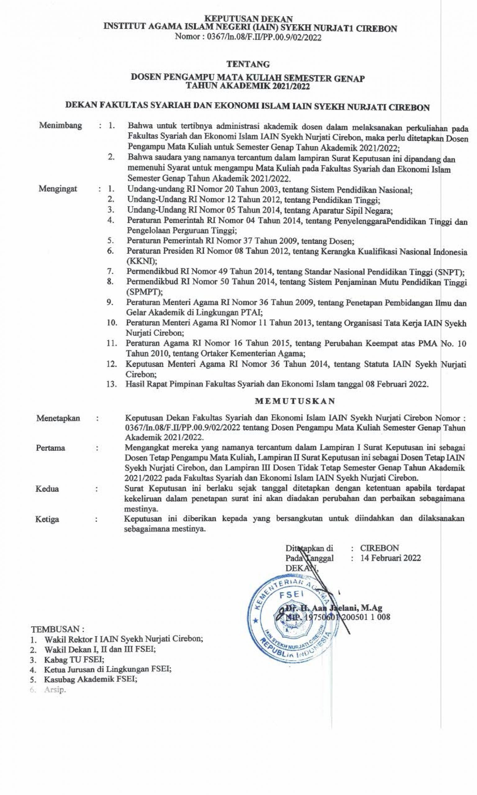 SK Mengajar Fakultas Syariah dan Ekonomi Islam Semester Genap T.A 2021/2022
