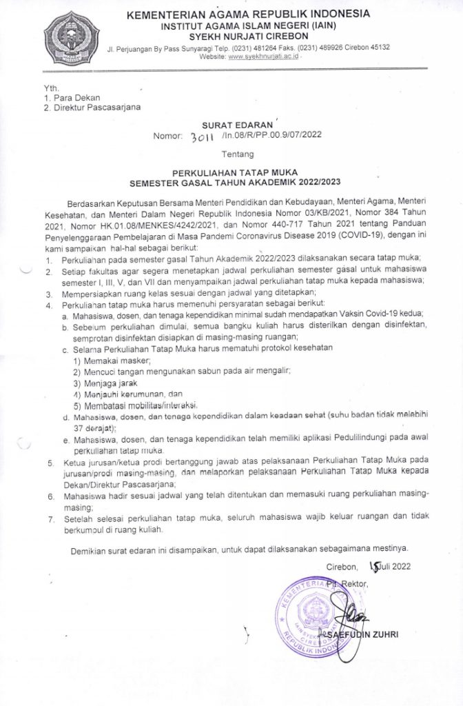 Surat Edaran Perkuliahan Tatap Muka Semester Gasal Tahun Akademik 2022/2023