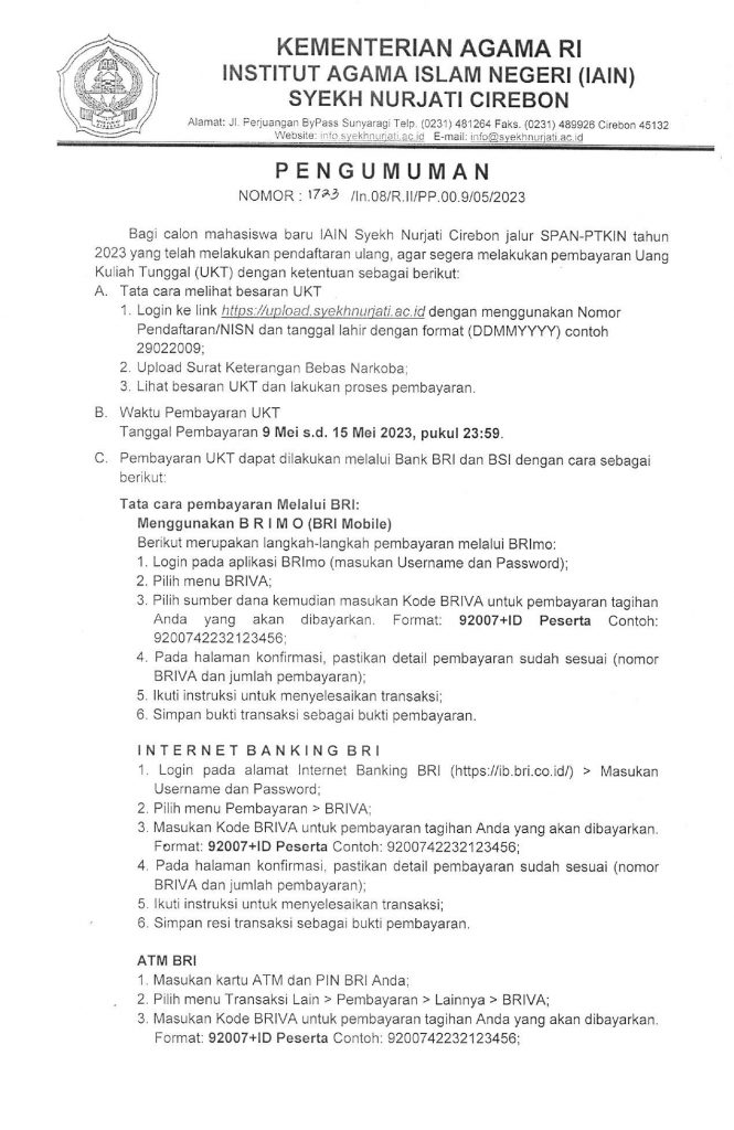Pengumuman Pembayaran Uang Kuliah Tunggal (UKT) Calon Mahasiswa Baru Jalur SPAN tahun 2023