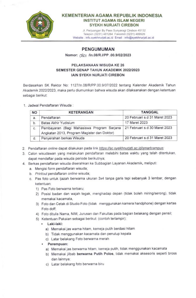 Pengumuman Pendaftaran Wisuda ke XXVI Semester Genap Tahun Akademik 2022/2023 IAIN Syekh Nurjati Cirebon